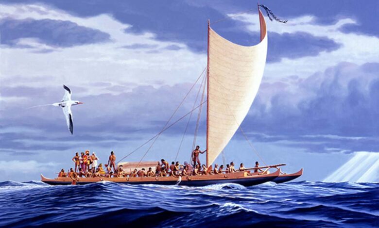 A Wa'a Kaulua (double canoe) of Hawaiian Nobility of the 18th Century. Polynesia was inhabited by skilled seafarers.