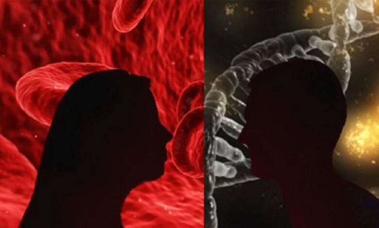Silhouettes (Public Domain) in front of blood cells (Public Domain) and a gene.