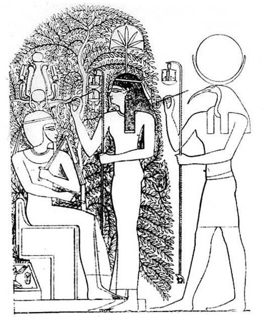 Le nom du nouveau pharaon est inscrit sur les feuilles de l'arbre sacré Ished d'Héliopolis par les dieux Seshat et Thot lors du couronnement. Du Ramasseum, temple mortuaire de Ramsès II. (Domaine public)