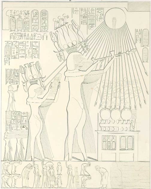 Image d'Akhenaton et de Néfertiti faisant une offrande à l'Aton, prise du tombeau de Panehsy à Amarna. Akhenaton et Néfertiti portent tous deux de nouvelles couronnes à plumes élaborées, avec des disques solaires, des cobras protecteurs et des cornes de bélier. Ces couronnes à ourlet, ou 