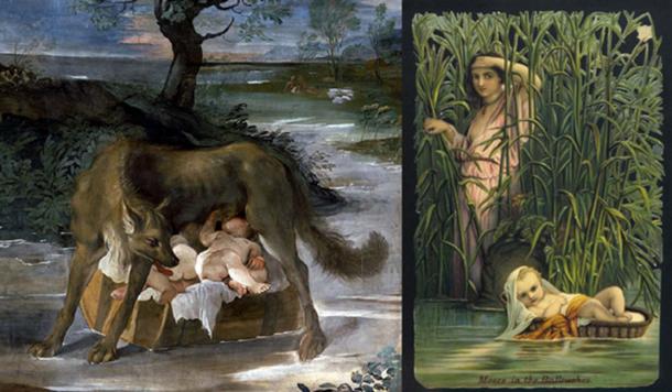 A gauche ; la louve qui allaite Romulus et Rémus, détail (domaine public) A droite ; Moïse dans les joncs. (Image : Archiviste / Fotolia)