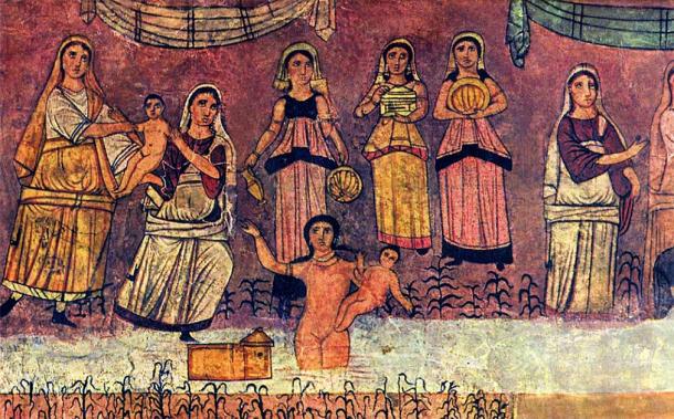 Représentation de Moïse trouvé au bord du fleuve, d'après une fresque de la synagogue Doura Europos. L'histoire fait partie de la Shemot, ou Livre de l'Exode. (Domaine public)