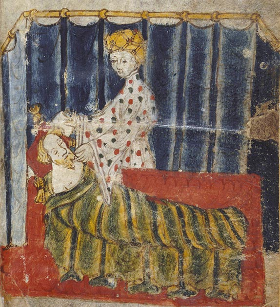 Lady Bertilak séduisant Gawain dans son lit (d'après le manuscrit original). (domaine public)