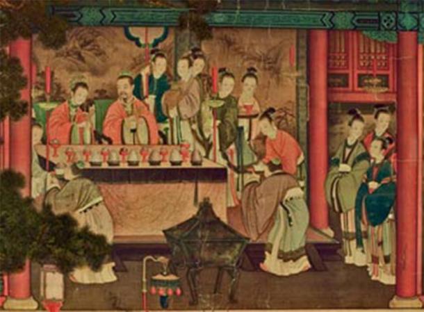 Xiwangmu, la reine mère de l'Ouest, en visite chez l'empereur Wu de Han. (Ding Guanpeng / Wang Fanyue / Domaine public)