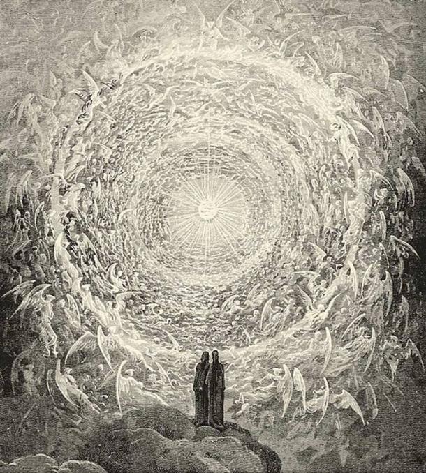 Le Paradis de Dante tel que dépeint par Gustave Dore. Dante et Béatrice contemplent le plus haut des cieux, l'Empyrée.
