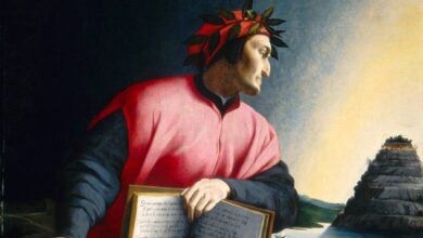 Dante holding open a copy of the Divine Comedy while gazing towards Mount Purgatory (1530), Agnolo Bronzino