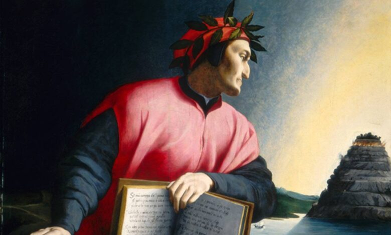 Dante holding open a copy of the Divine Comedy while gazing towards Mount Purgatory (1530), Agnolo Bronzino