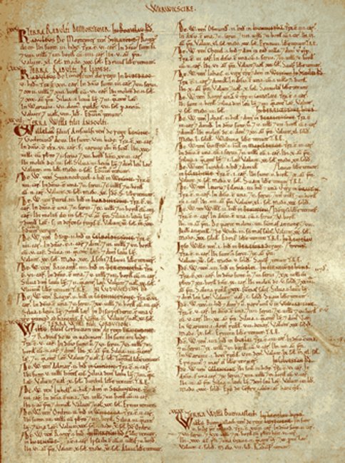 Page du Domesday Book pour le Warwickshire, incluant la liste de Birmingham. (Domaine public)