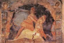 Mithras and the bull, fresco from Temple of Mithras, Marino, Italy, dated 2nd century AD.    Source: Public Domain