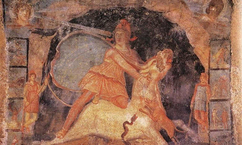 Mithras and the bull, fresco from Temple of Mithras, Marino, Italy, dated 2nd century AD.    Source: Public Domain
