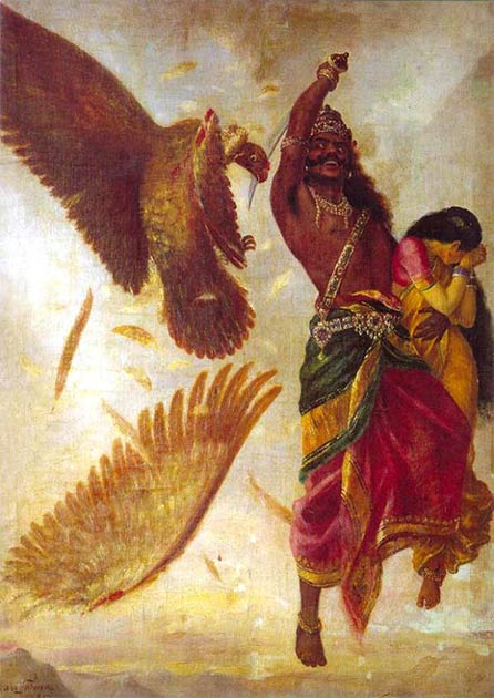 Ravana enlève Sita et l'oiseau divin, Jatayu, tente de la sauver. (Domaine public)