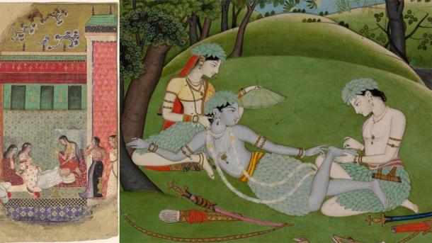   A gauche : La mort du roi Dasharatha, le père de Rama : Un Ramayana islamique, folio de la période moghole (1526-1858), vers 1605. A droite : Rama, Sita et Lakshmana commencent leur vie dans la forêt indienne, dans les collines du Pendjab, royaume de Kangra, vers 1800-1810. (Crédit : exposition du Met New York Ramayana sur l'Architectural Digest)