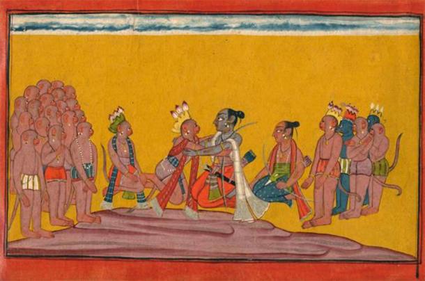 Rama embrasse Sugriva en entendant les puissants exploits des Vanaras réunis. (Crédit : Simon Ray/Indian & Islamic Works of Art)