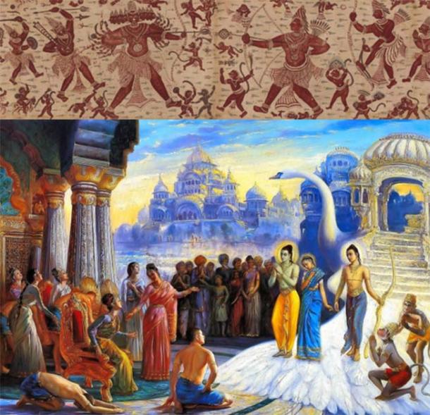 En haut : Le combat de Rama et Ravana. Inde, côte de Coromandel, fin du 18e siècle. (Crédit : L'exposition Met New York Ramayana sur l'architecture) En bas : Sita, Rama et Laksmana entrent dans Ayodhya par le Ramadasa-abhirama Dasa. (Crédit : Diwali dans la culture indienne)