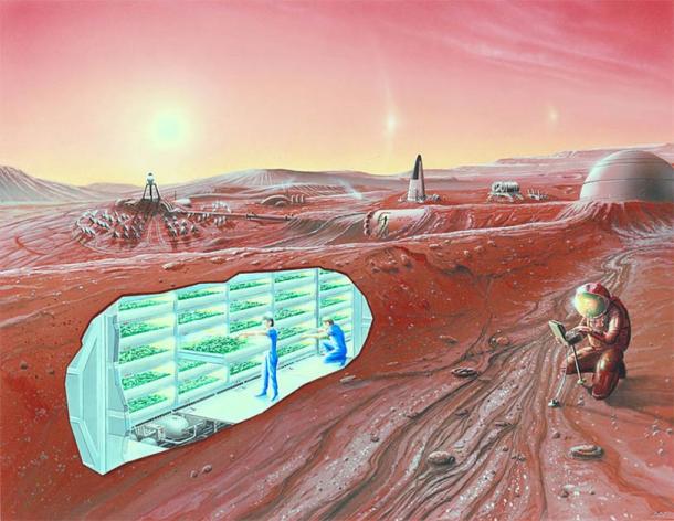 Impression d'artiste d'une colonie de Mars avec vue en coupe. (Domaine public)