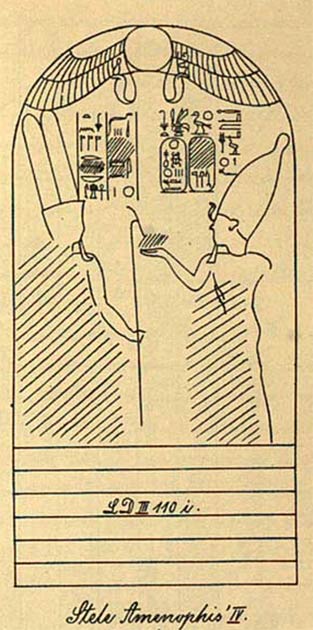 Dessin d'une stèle de la carrière du djebel el-Silsila montrant Akhenaton en Amenhotep IV vénérant Amon-Rê, daté de la toute première année de son règne. (Domaine public)