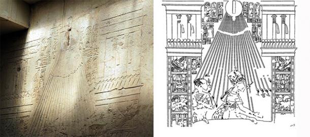 Scène du Tombeau de Ramose (TT55) à Thèbes, montrant Akhenaton et Néfertiti à la Fenêtre des Apparitions dans le nouveau style audacieux d'Amarna. Probablement datant de la quatrième année, ce style contraste avec les scènes conventionnelles plus anciennes du même tombeau. (A gauche : David Schmid / CC BY-SA 3.0. A droite : domaine public)