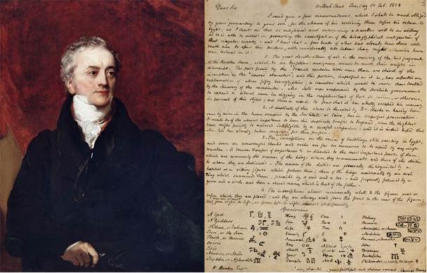 Thomas Young (Public Domain) et une lettre qu'il a écrite en 1818 sur les hiéroglyphes. (Administrateurs du British Museum/CC BY NC SA 4.0)