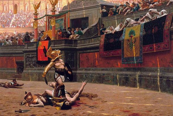 Flamma le Gladiateur était vénéré par le peuple romain pour ses exploits dans l'arène. Ce tableau de 1872 de Jean-Léon Gérôme, représente le pouvoir des anciens corbeaux romains pour décider du sort des gladiateurs vaincus, avec au verso un sondage, ou 