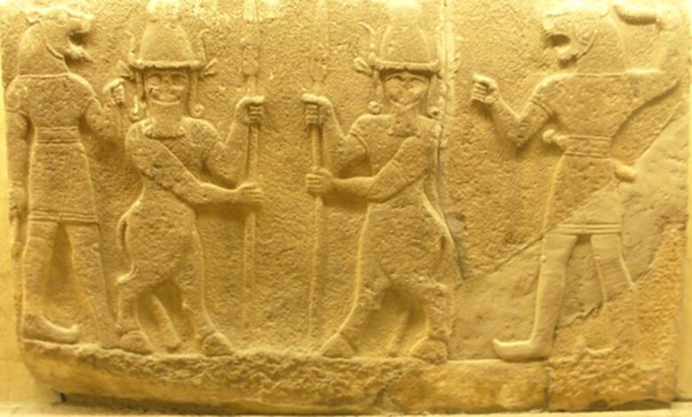 Supernatural beings such as the Kusarikku hybrid bull-men, pictured here in the middle, are featured in ancient Mesopotamian lullabies. They remain kind until disturbed, in this case, disturbed by a baby’s cries.                    Source: QuartierLatin1968 / CC BY-SA 2.0