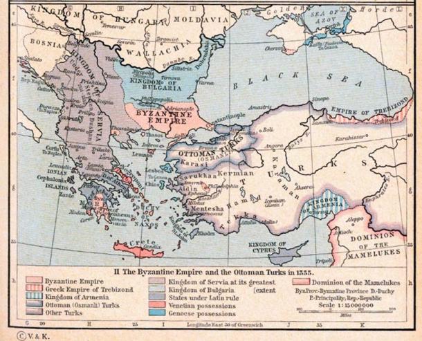 Carte montrant l'Empire serbe à l'apogée de sa puissance en 1355. (Domaine public)