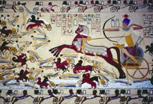 A depiction of Ahmose fighting back the Hyksos from Egypt.  Source: Public domain