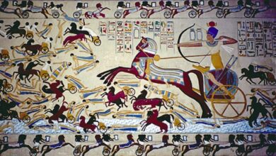 A depiction of Ahmose fighting back the Hyksos from Egypt.  Source: Public domain