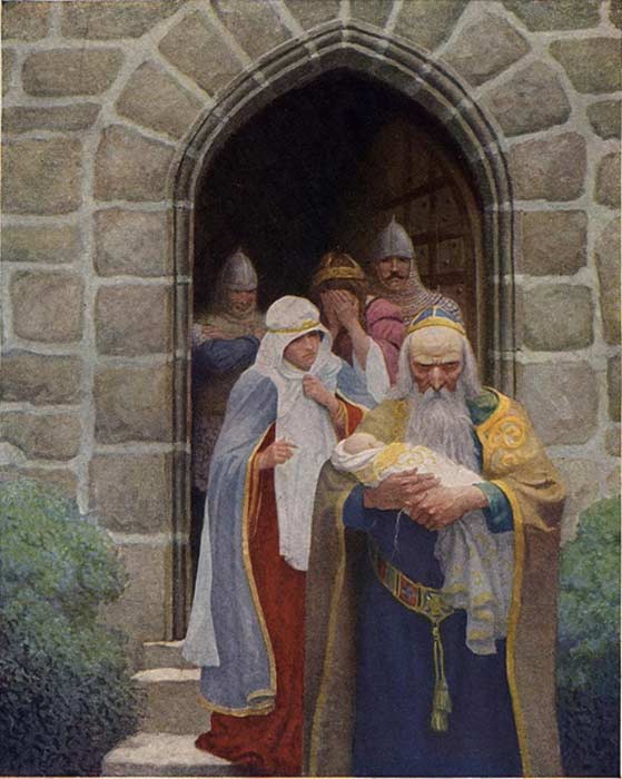 Illustration : Merlin emmenant l'enfant Arthur - 