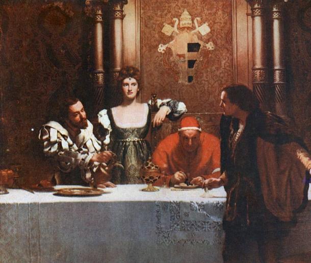 Cesare Borgia (son fils), Lucrezia Borgia (sa fille), le pape Alexandre VI et un jeune homme avec un verre vide. 
