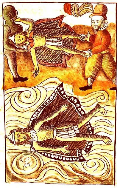 Les Espagnols se débarrassant des corps de Moctezuma et Itzquauhtzin dans le Codex florentin. (Domaine public)