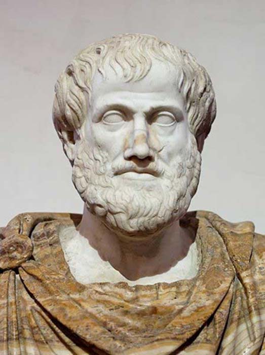 Buste d'Aristote. Marbre, copie romaine d'après un original grec en bronze de Lysippos datant de 330 avant J.-C. ; le manteau en albâtre est un ajout moderne. (Domaine public)