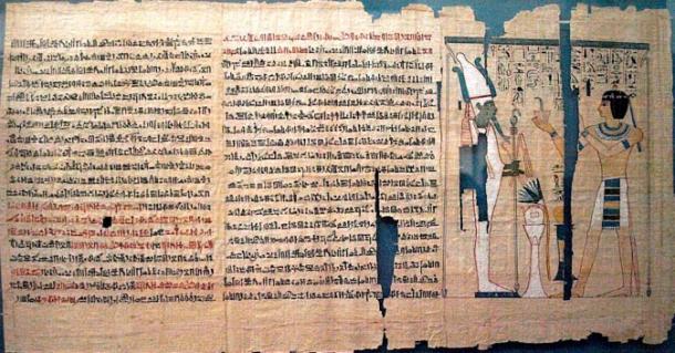 Partie du Livre des Morts de Pinedjem II. Le texte est hiératique, à l'exception des hiéroglyphes de la vignette