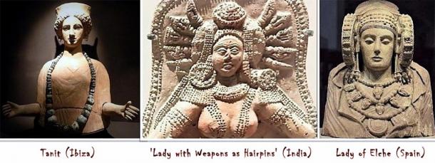 Femme fertile Fatales. À gauche, Tanit, au milieu, la déesse indienne de Chandraketugarh et à droite, la dame d'Elche, ce qui montre la similitude avec toutes les divinités. (Fourni par l'auteur)