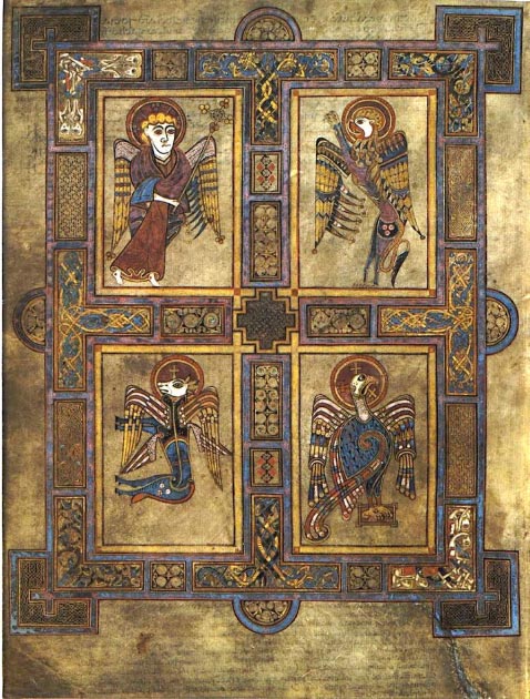 Le livre de Kells contient les symboles des quatre évangélistes (dans le sens des aiguilles d'une montre à partir du haut à gauche) : un homme (Matthieu), un lion (Marc), un aigle (Jean) et un boeuf (Luc). (Magnus Manske / Domaine public)