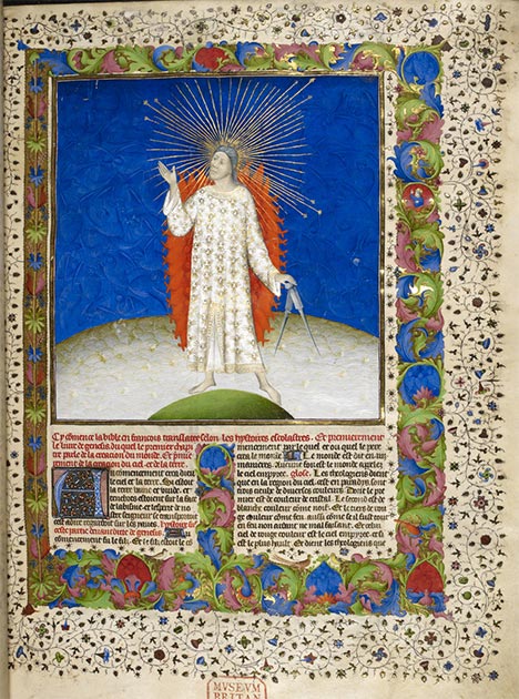 Miniature contenant une scène de création, avec Dieu, tenant une paire de boussoles, créant le ciel et la terre, avec une initiale décorée 