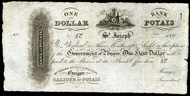 Dans le cadre de sa ruse élaborée, Gregor MacGregor a imprimé en Écosse des billets de la Bank of Poyais, qu'il a échangés contre de la vraie monnaie britannique avec des colons crédules. (Domaine public)