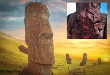 Main: Group of Moai monoliths during sunset on Easter Island. Inset: Birdman cult carvings on the back of standing Moai.       Source: Aliaksei & thakala / Adobe stock