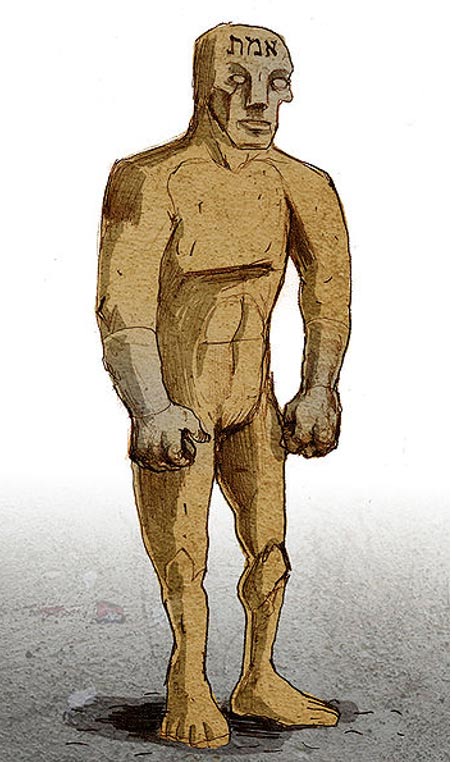 Le golem est d'abord formé sous la forme d'un être humain. Illustration d'un golem par Philippe Semeria. Le mot hébreu pour la Vérité, un des noms de Dieu, est écrit sur son front. 