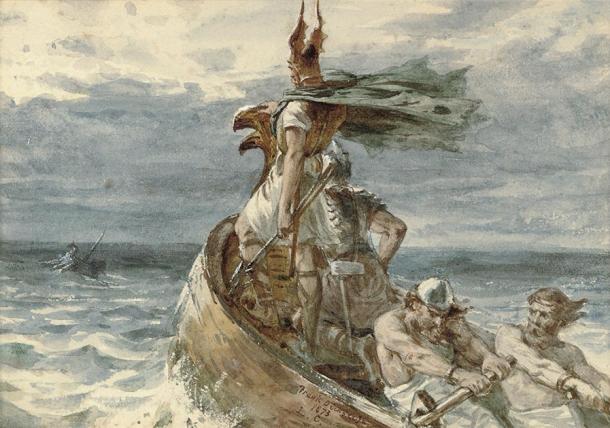 Représentation d'un Viking et de ses hommes se dirigeant vers la terre ferme. (Frank Dicksee / Domaine public)