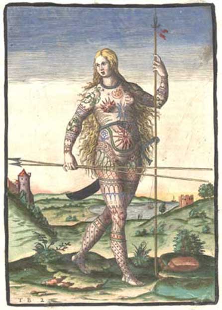 Version coloriée à la main de la gravure de Theodor de Bry représentant une femme Pict (membre d'un ancien peuple celtique d'Écosse). Gravure de De Bry, 
