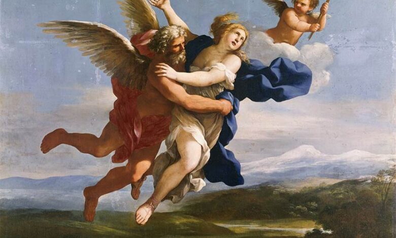 Boreas, Greek God of the North Wind, who is strongly connected with the mythical land of Hyperborea, abducting Oreithyia.   Source: Giovanni Francesco Romanelli / Public domain.