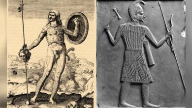 Left: Pictish warrior (public domain) Right: Scythian Warrior with Axe, Bow, and Spear.