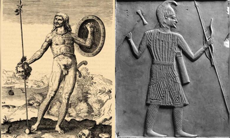 Left: Pictish warrior (public domain) Right: Scythian Warrior with Axe, Bow, and Spear.