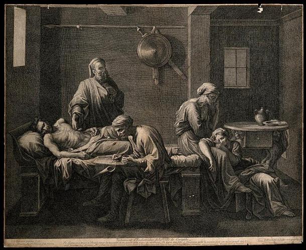 La mort de Sophocle, dans une gravure de S. Pomarede de 1748