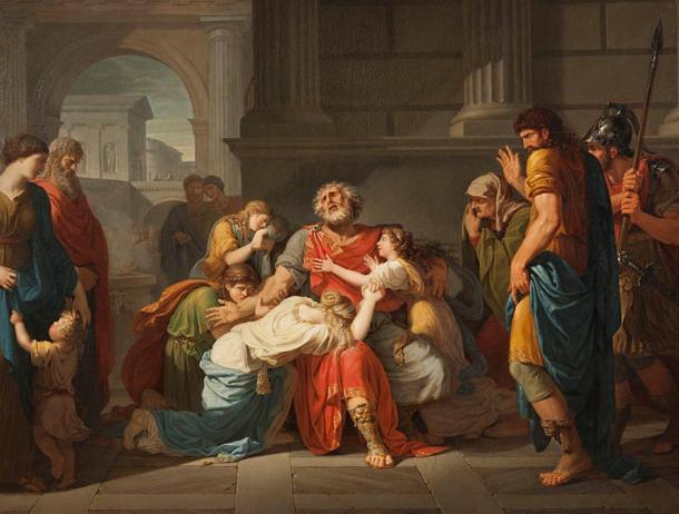 Oedipus Rex est généralement considéré comme le meilleur travail de Sophocle. Dans cette peinture à l'huile de Bénigne Gagneraux en 1784, l'aveugle Oedipe recommande ses enfants aux Dieux