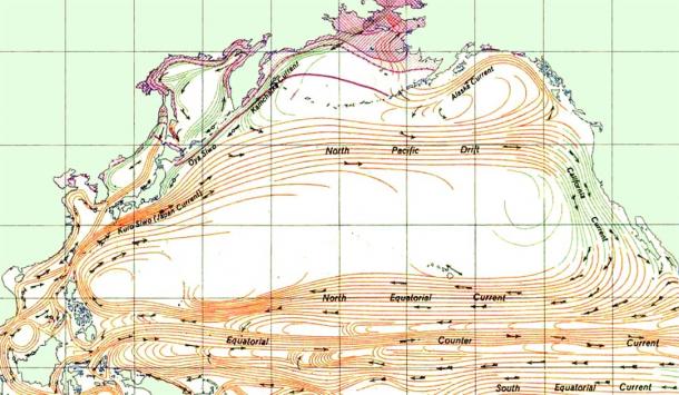 La tourbillon du Pacifique Nord, un tourbillon de courants océaniques dans le sens des aiguilles d'une montre qui couvre la plus grande partie de l'océan Pacifique Nord (domaine public)