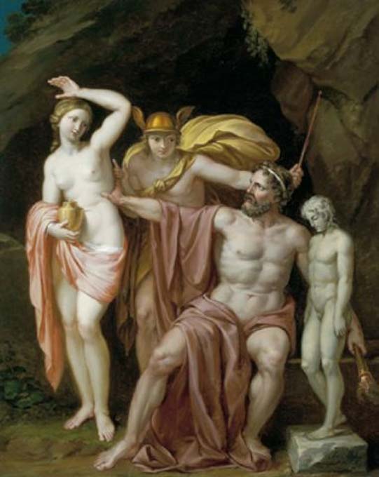Zeus prépare Pandore en présence d'Hermès, un tableau de Josef Abel. (Domaine public)