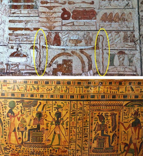 En haut : Représentation de baguettes/poignées de serpent en cuivre, provenant de la chapelle funéraire du vizir Rekhmire, ~1450 avant J.-C., Thèbes. (Osirisnet) En bas : Cercueil peint de Padou-amen du Moyen Empire, montrant de nombreux dieux, dont Hêka, la personnification de la magie, tenant quatre serpents, gardant Osiris sur ce trône. (kimbellart.com)
