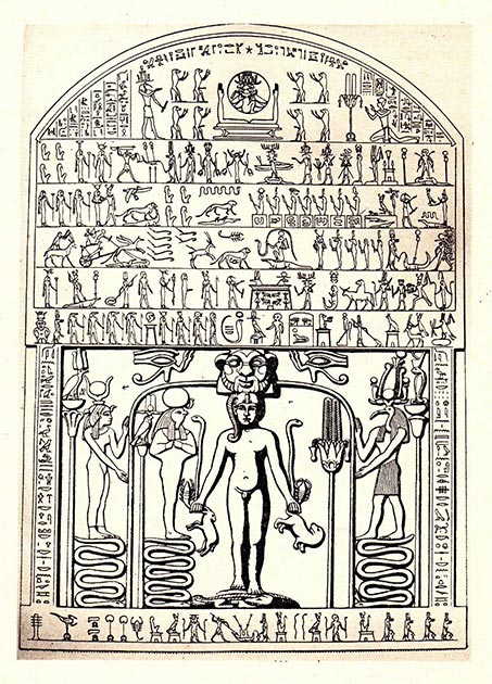 Dessin de la stèle de Metternich, d'après E.A. Budge, The Gods of the Egyptians, 1904. (Domaine public)