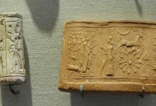 Cult scene: the worship of the sun-god, Shamash. Limestone cylinder-seal, Mesopotamia.